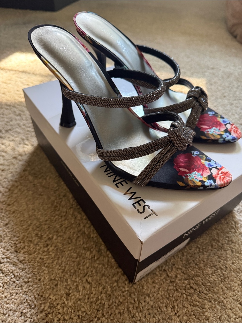 Nine West Black Floral Pointed-Toe Knot-Strap Heels - Picture 3 of 8